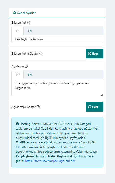 Karşılaştırma Tablosu Bileşeni Genel Ayarları