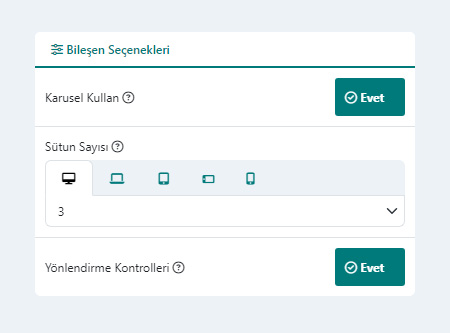 Karşılaştırma Tablosu Bileşeni Bileşen Seçenekleri