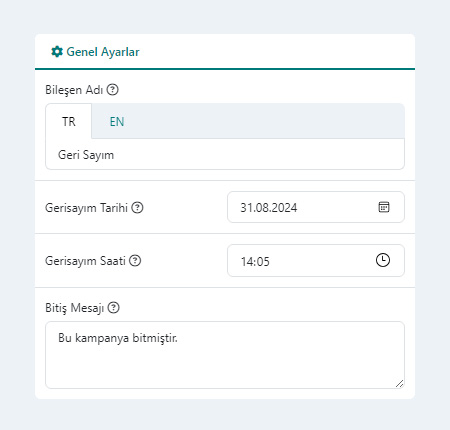 Geri Sayım Bileşeni Genel Ayarları