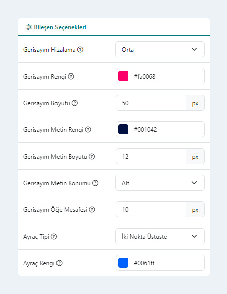 Geri Sayım Bileşeni Bileşen Seçenekleri