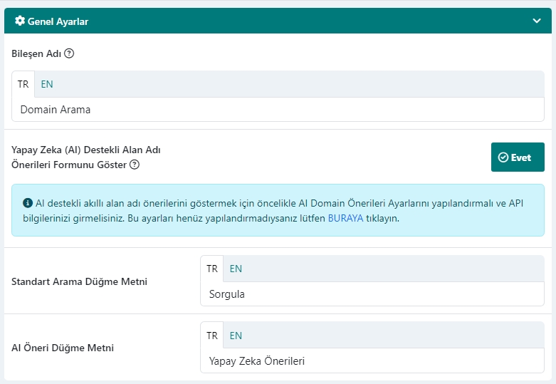 Domain Arama Modülü Genel Ayarları