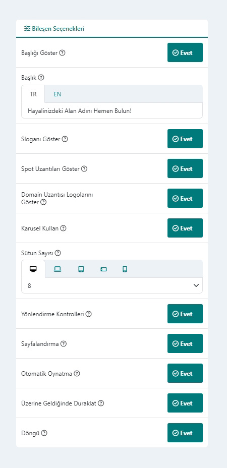 Domain Arama Modülü Bileşen Seçenekleri