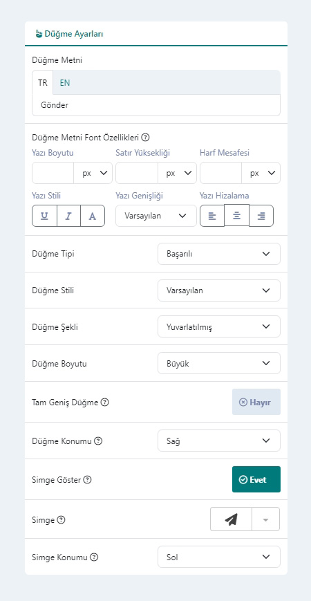 Form Oluşturucu Bileşeni Düğme Seçenekleri