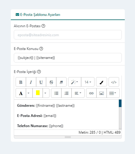 Form Oluşturucu Bileşeni E-Posta Şablonu Ayarları