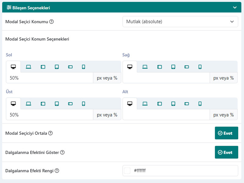 Modal Pencere Konum Ayarları