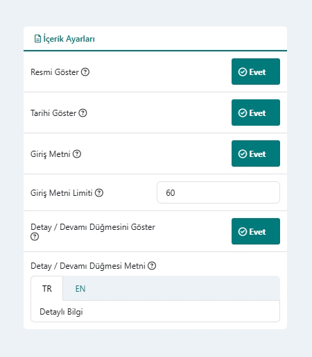 Haberler & Duyurular Modülü İçerik Ayarları