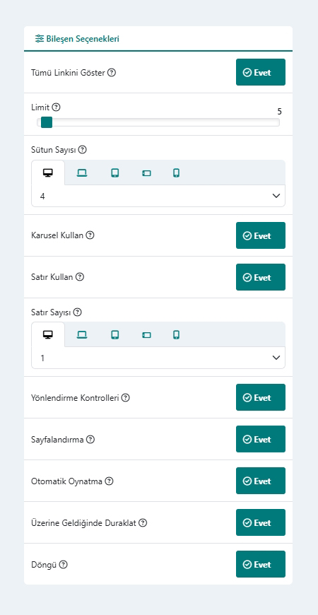 Haberler & Duyurular Modülü Bileşen Seçenekleri