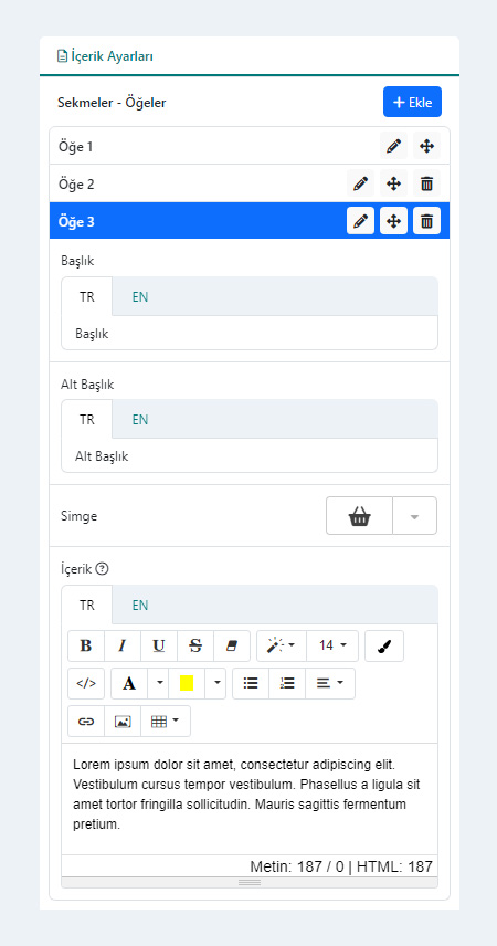 Sekmeler (Tabs) Bileşeni İçerik Ayarları