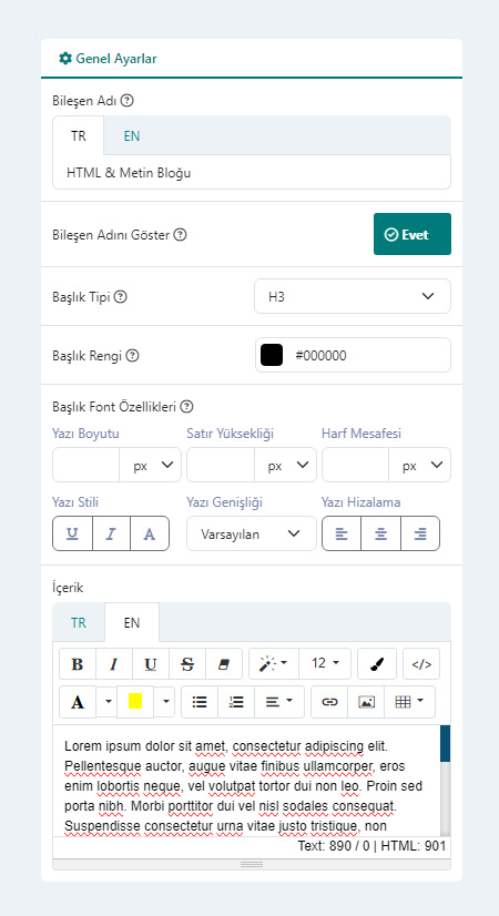 HTML & Metin Bloğu Bileşeni Genel Ayarları